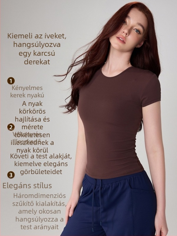 Jóga felső nőknek - karcsú szabás, kerek nyak, rövid ujjú, csípőhossz, Nylon 91%/Spandex 9% (150 g)