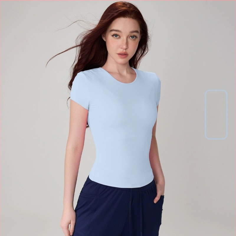 Jóga felső nőknek - karcsú szabás, kerek nyak, rövid ujjú, csípőhossz, Nylon 91%/Spandex 9% (150 g)