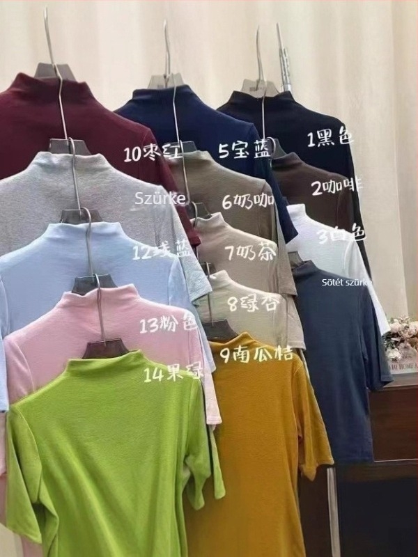 Női slim-fit középmagasságú ujjú felső, kis magas gallér, kasmír-modál anyag, rövid hossz 40–50 cm