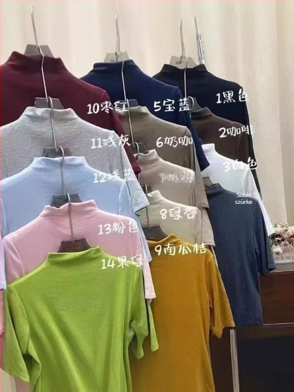 Női slim-fit középmagasságú ujjú felső, kis magas gallér, kasmír-modál anyag, rövid hossz 40–50 cm