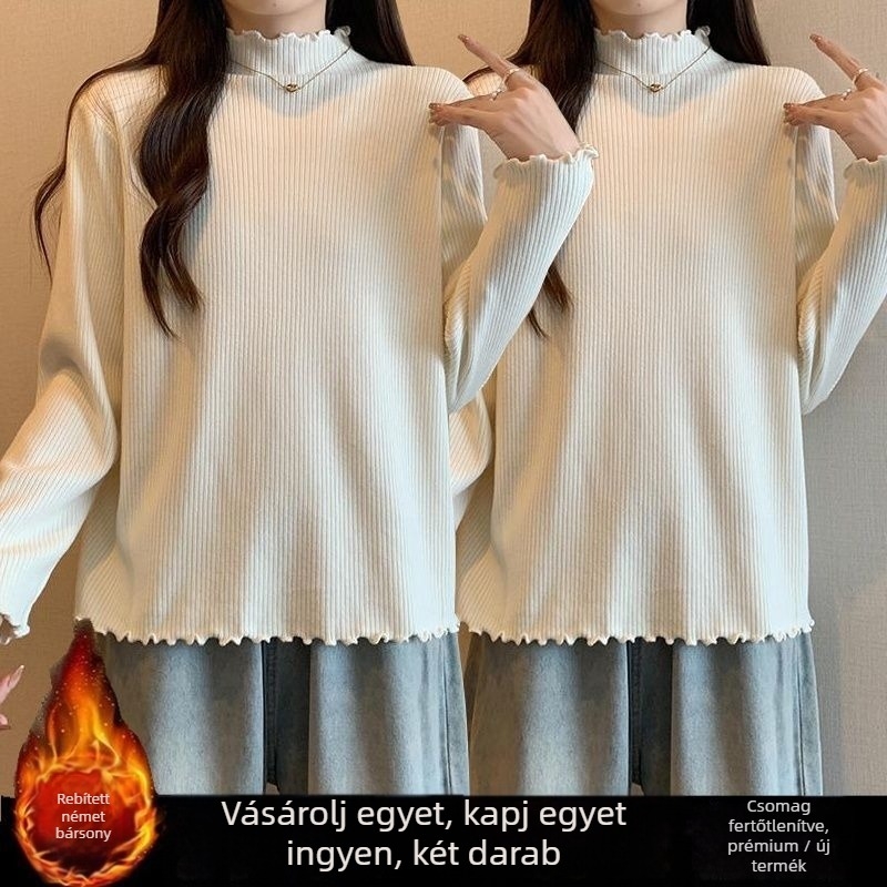 Viszkóz anyagú felső fleece béléssel, félmagas gallér, oversize, hosszú ujjú