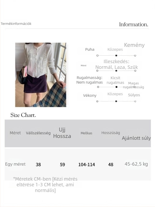 Akrilból készült kötött kardigán 3D horgolt virág részletekkel, kerek nyak, hosszú ujjú, egyszínű, egy sor gombbal