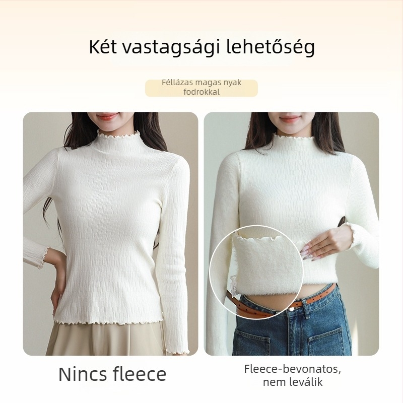 Női pulóver fél magas gallérrel, hosszú ujjú, vastag fleece-belső, viszkóz anyag, egyszínű kötött