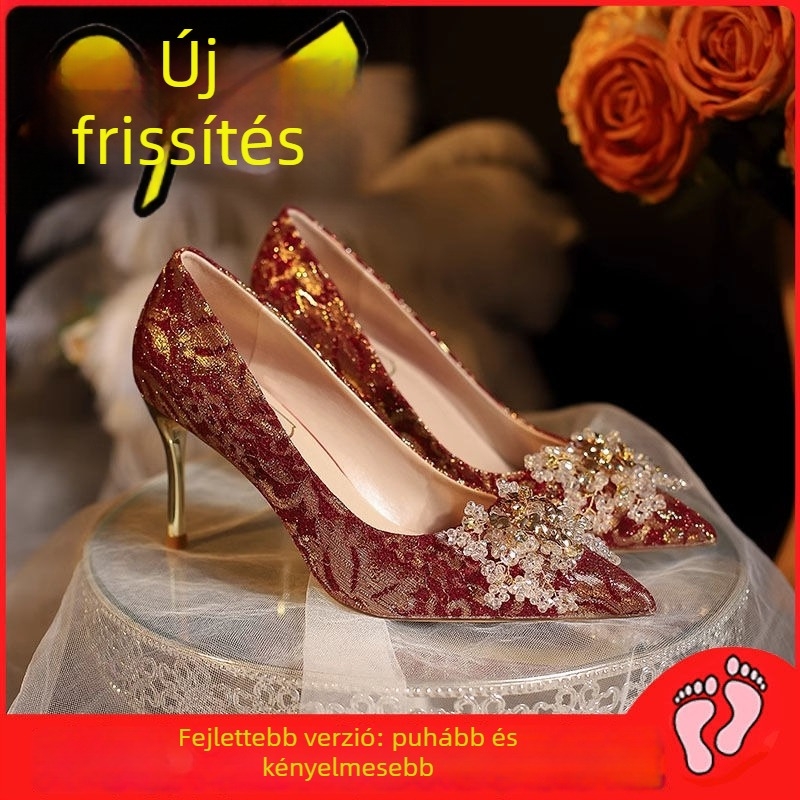 Magas sarkú cipő, hegyes orr, PU felsőrész, vékony sarok 6-8 cm, Slip-On zárás