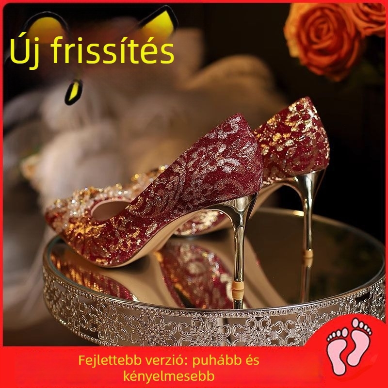 Magas sarkú cipő, hegyes orr, PU felsőrész, vékony sarok 6-8 cm, Slip-On zárás