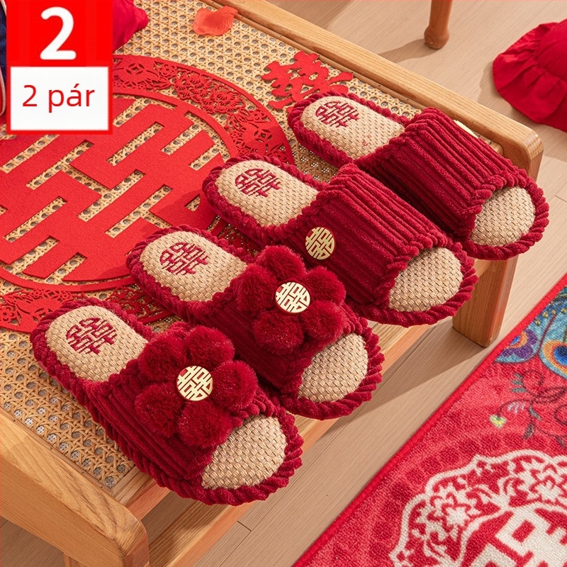 Esküvői papucs toe-loop dizájnnal, pamut felsőrész, PVC talp, vastag talp, csúszásmentes és meleg