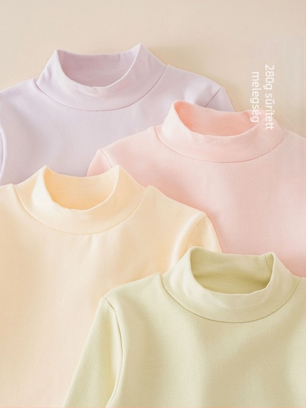 Koreai stílusú gyerek alapréteg hosszú ujjú felső, 95% pamut, bolyhosított puha felület, kapucni nélküli, egyszínű, tél-ősz-tavasz