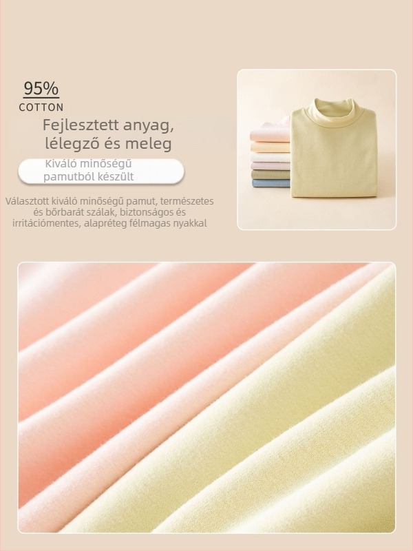 Koreai stílusú gyerek alapréteg hosszú ujjú felső, 95% pamut, bolyhosított puha felület, kapucni nélküli, egyszínű, tél-ősz-tavasz