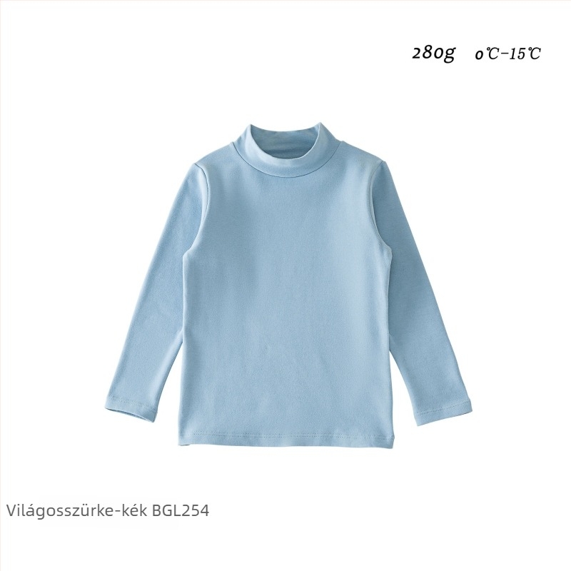 Koreai stílusú gyerek alapréteg hosszú ujjú felső, 95% pamut, bolyhosított puha felület, kapucni nélküli, egyszínű, tél-ősz-tavasz