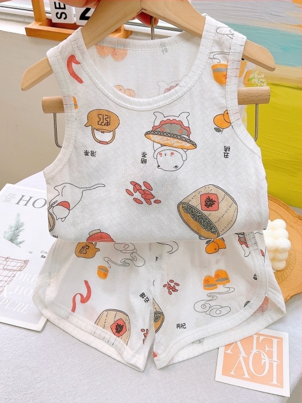 Gyerekek nyári jacquard mellény szett, 100% pamut, kötött stílusban, 3-8 éveseknek