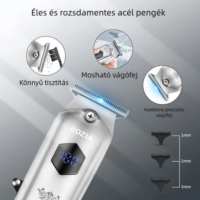 Hajvágó – vezeték nélküli, újratölthető, professzionális, otthoni és szalonhasználatra, kefemotor, rozsdamentes acél pengék, beépített 800–1000 mAh akkumulátor, üzemidő 1–3 óra