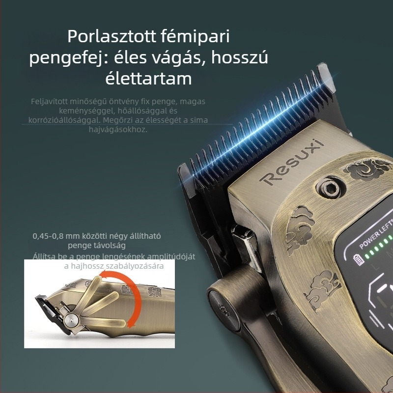 Resuxi hajvágó készülék por alapú metallurgiai vágófejjel, újratölthető, nagy LCD kijelző, kefés motor, rozsdamentes acél pengéje, beépített akkumulátor 1200–2000 mAh