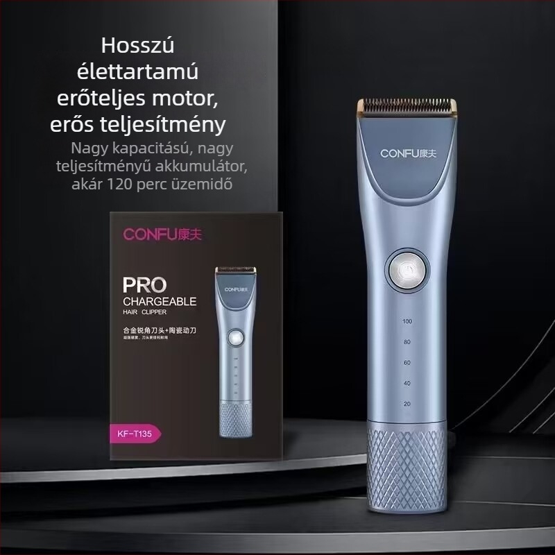 Koji akkumulátoros hajvágó, brushless motor, cserélhető mosható pengefej, rozsdamentes acél pengék, elektroplattált ház, alacsony zajszint