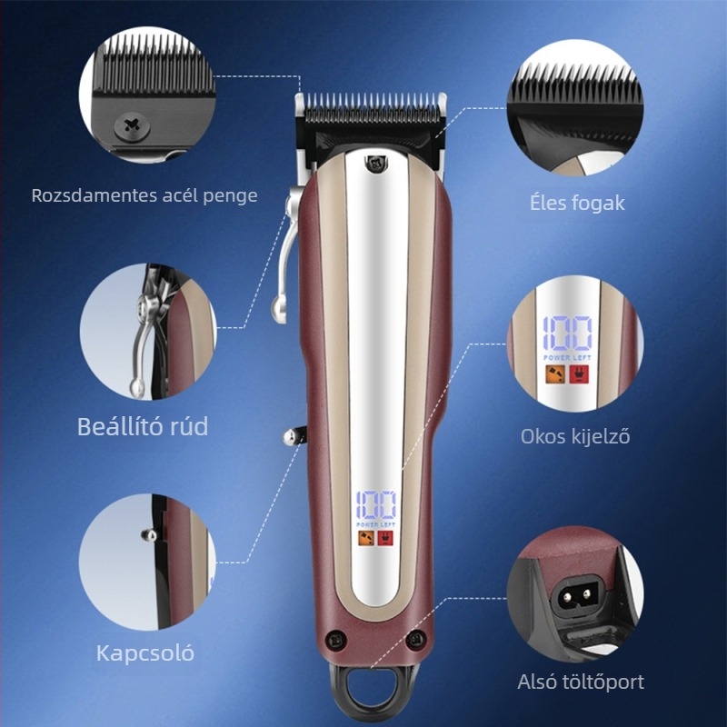 Hajvágó LCD-kijelzővel, USB-töltéses, kefés motorral, rozsdamentes acél pengékkel, nem vízálló, otthoni használatra