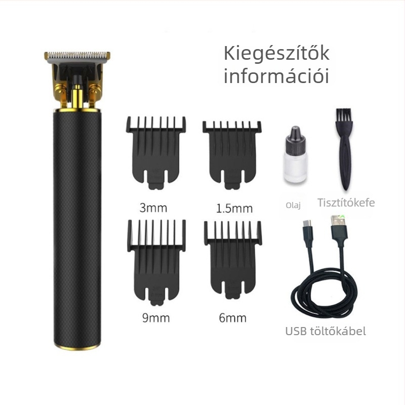 Elektronikus hajvágó kerámia penge, kefés motor, beépített akkumulátor 100–300 mAh, üzemidő 1–3 óra, levehető mosható penge, alumínium ház