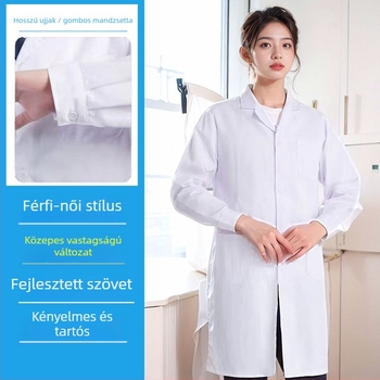 Uniszex hosszú ujjú laboratóriumi köpeny pamut-poliészter keverékből, 35% poliészter, nedvességelvezető anyag, gyárak és műhelyek számára