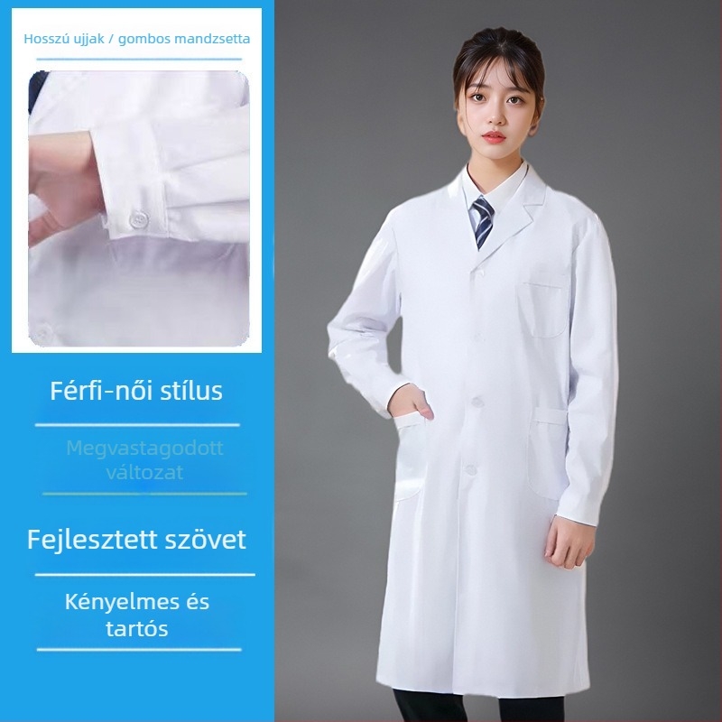 Uniszex hosszú ujjú laboratóriumi köpeny pamut-poliészter keverékből, 35% poliészter, nedvességelvezető anyag, gyárak és műhelyek számára