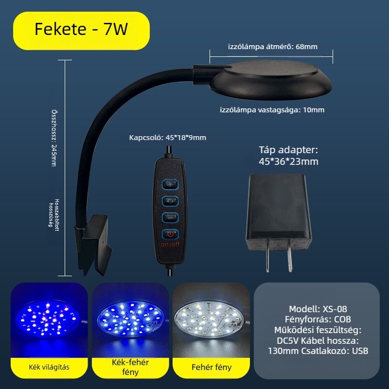 LED akváriumi csipeszes lámpa halak és vízinövények számára, USB tápellátású mini világítás, 7W