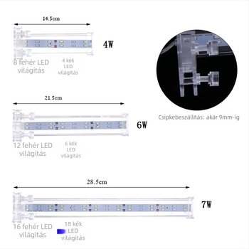 Akvaris LED csipeszes világítás vízi növényekhez — üveg test, teljesítmény 4W/6W/7W/10W, súly 300 g