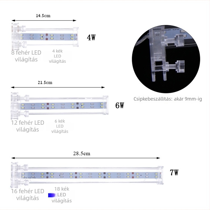 Akvaris LED csipeszes világítás vízi növényekhez — üveg test, teljesítmény 4W/6W/7W/10W, súly 300 g