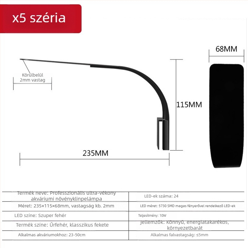 Akváriumi LED clip-lámpa növényekhez, kompakt, vízálló, 5W, 0,3 kg, modell X5, műanyag, Small Tank