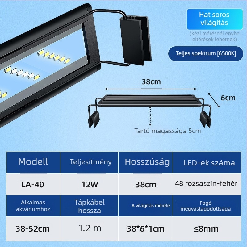 LED akváriumi lámpa tartóval, vízálló teljes spektrumú világítás növényekhez, 8–32 W, műanyag