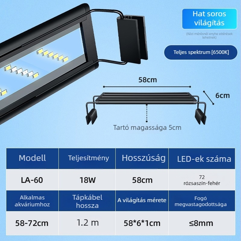LED akváriumi lámpa tartóval, vízálló teljes spektrumú világítás növényekhez, 8–32 W, műanyag