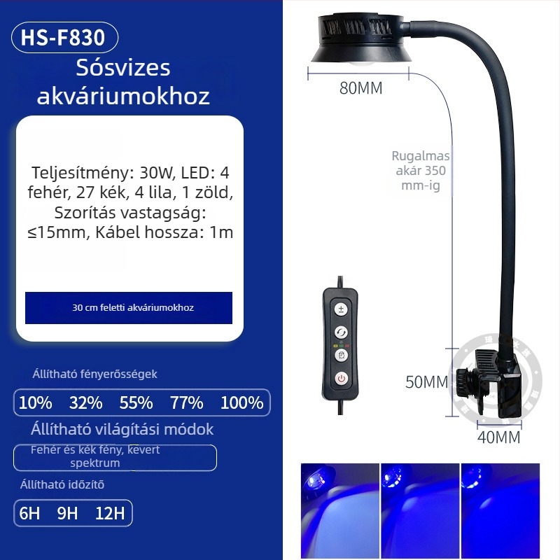 Klip LED akváriumi lámpa tengeri akváriumhoz, állítható fényerővel és időzítővel, kék-fehér spektrummal korallok és bohóchalak számára