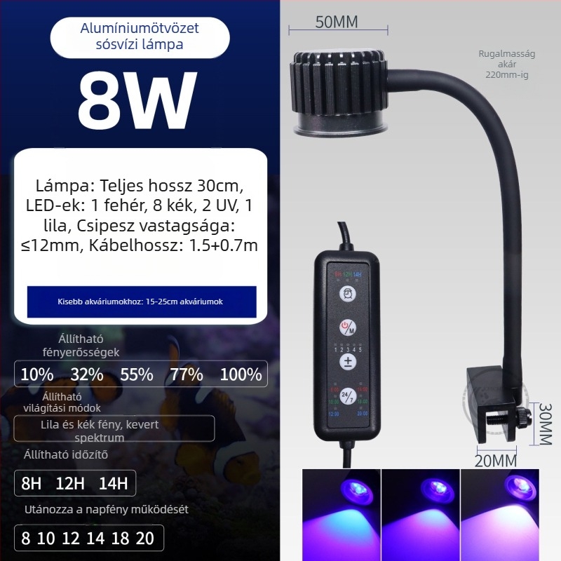Klip LED akváriumi lámpa tengeri akváriumhoz, állítható fényerővel és időzítővel, kék-fehér spektrummal korallok és bohóchalak számára