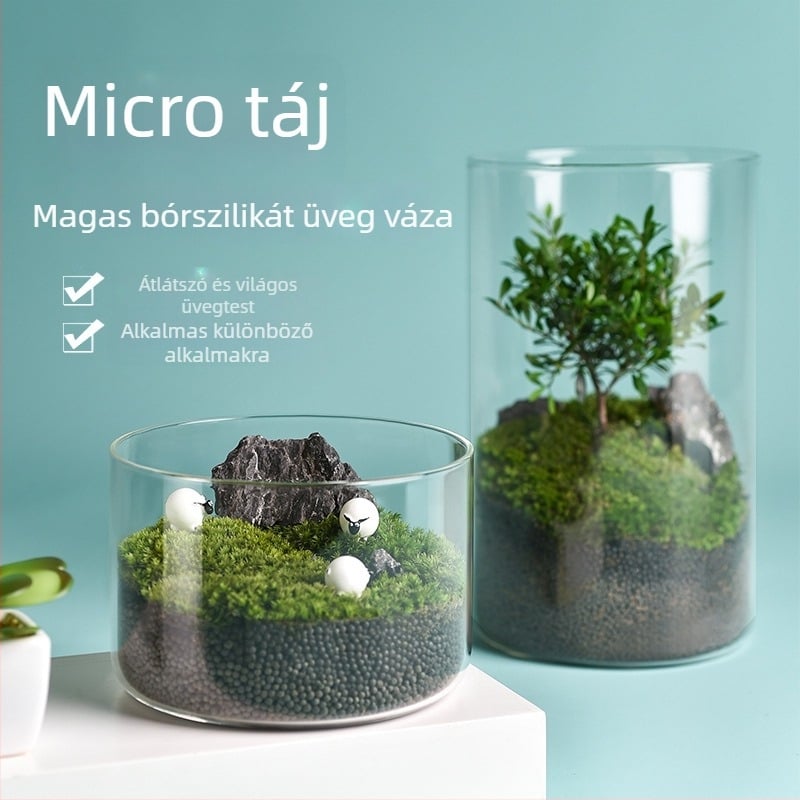 Átlátszó üvegváza mikro tájhoz, hengeres kialakítás, boroszilikt üveg, testreszabható, Thick Glass