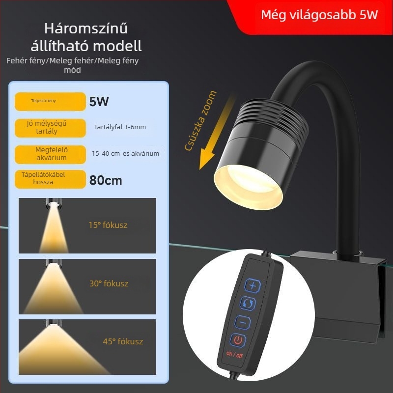 Parker USB mini akváriumi klipszes spotlámpa, 5W, műanyag ház, 102 g