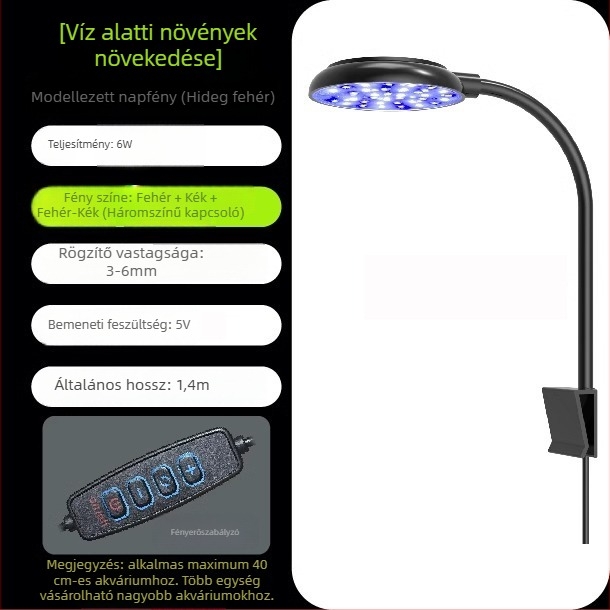Akvarisztikai LED világítás – 6W, USB clip-on, 360° megvilágítás, algák elleni, vízálló, ABS ház