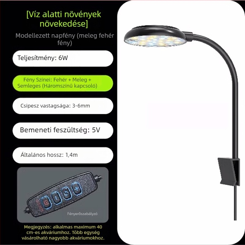 Akvarisztikai LED világítás – 6W, USB clip-on, 360° megvilágítás, algák elleni, vízálló, ABS ház