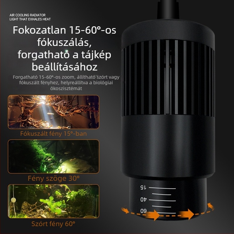 Akvari LED clip világítás, vízálló, teljes spektrum, állítható zoom fénysugár, alumíniumötvözet ház, teljesítmény 3W–12W
