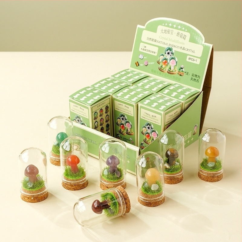 9 darab kristálygomba üvegben kínált mini táj dísz, ajándékdobozos csomagolás, modern minimalista geometriai dizájn, Apeng Crystal Crafts