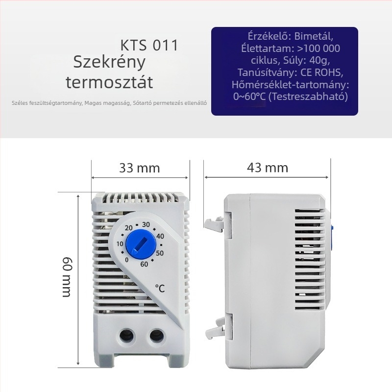 Állítható szekrényventilátor termosztát, mechanikus hőmérséklet-szabályozó DIN-sínre szerelve, 220 V, kimenet 10, élettartam 100000