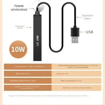 Akváriumi fűtőkar, rozsdamentes acélból, USB táplálás, 5W/10W, automatikus hőmérséklet-szabályozás