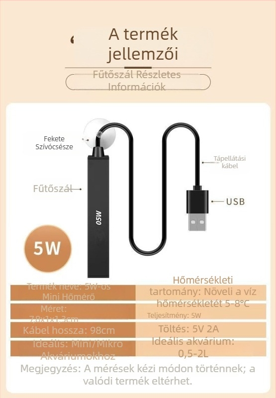 Akváriumi fűtőkar, rozsdamentes acélból, USB táplálás, 5W/10W, automatikus hőmérséklet-szabályozás