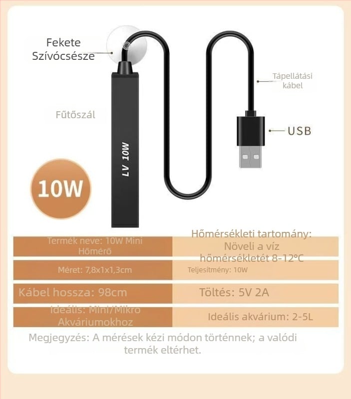 Akváriumi fűtőkar, rozsdamentes acélból, USB táplálás, 5W/10W, automatikus hőmérséklet-szabályozás