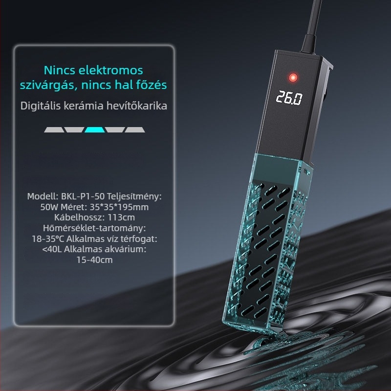 Akvarisztikai kerámiás fűtőkar változó frekvenciával, automatikus hőmérséklet-szabályozás, pontos hőmérséklet-szabályozás; Teljesítmény 50–500W, Tömeg 428g, Modell sz2025071503