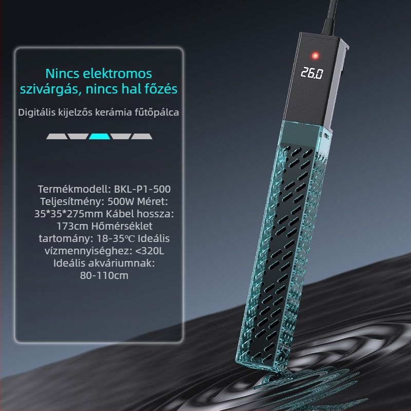 Akvarisztikai kerámiás fűtőkar változó frekvenciával, automatikus hőmérséklet-szabályozás, pontos hőmérséklet-szabályozás; Teljesítmény 50–500W, Tömeg 428g, Modell sz2025071503