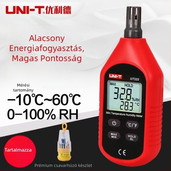 Digitális hőmérséklet- és nedvességmérő, ipari kategóriás USB átvitellel és szoftverrel; felbontás 0.1°C/0.1%RH, hőmérséklet pontoság ±1°C, nedvesség pontoság ±5%, négy 1.5V alkáli elem táplálja