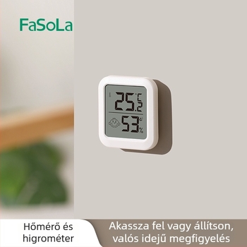 FaSoLa belső higrométer digitális kijelzővel — méri a hőmérsékletet és a páratartalmat, -10°C-tól +70°C-ig terjedelem, magas precizitás, alkalmas babaszobába