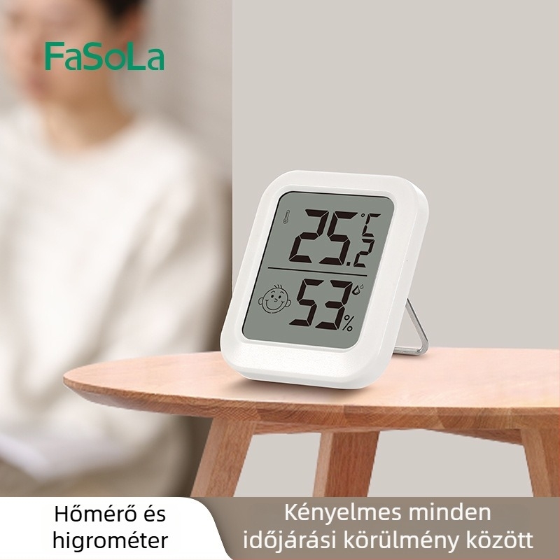 FaSoLa belső higrométer digitális kijelzővel — méri a hőmérsékletet és a páratartalmat, -10°C-tól +70°C-ig terjedelem, magas precizitás, alkalmas babaszobába