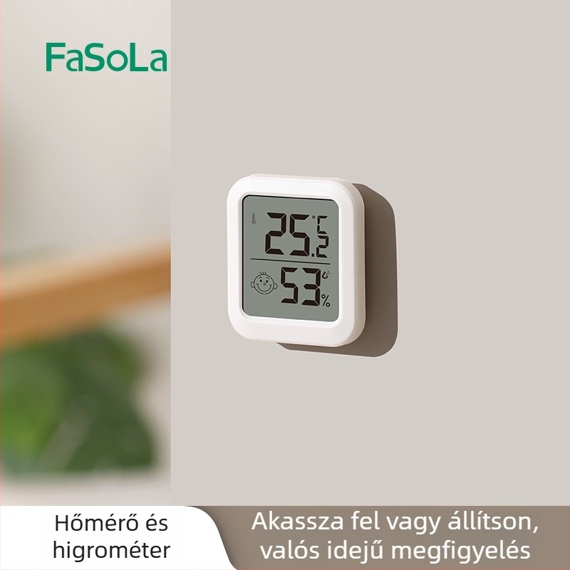 FaSoLa belső higrométer digitális kijelzővel — méri a hőmérsékletet és a páratartalmat, -10°C-tól +70°C-ig terjedelem, magas precizitás, alkalmas babaszobába