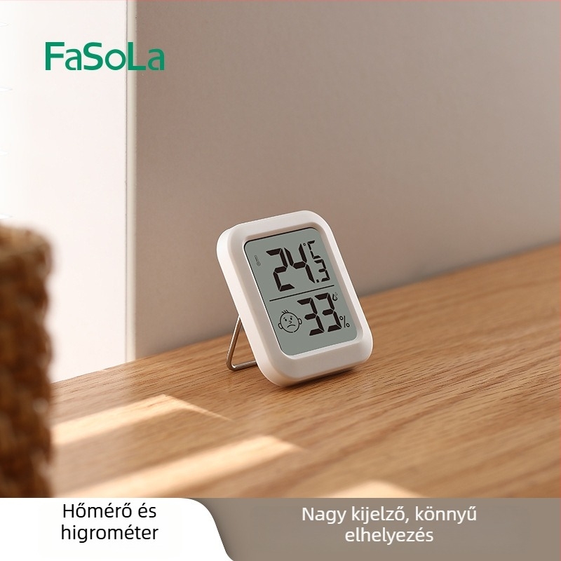 FaSoLa belső higrométer digitális kijelzővel — méri a hőmérsékletet és a páratartalmat, -10°C-tól +70°C-ig terjedelem, magas precizitás, alkalmas babaszobába
