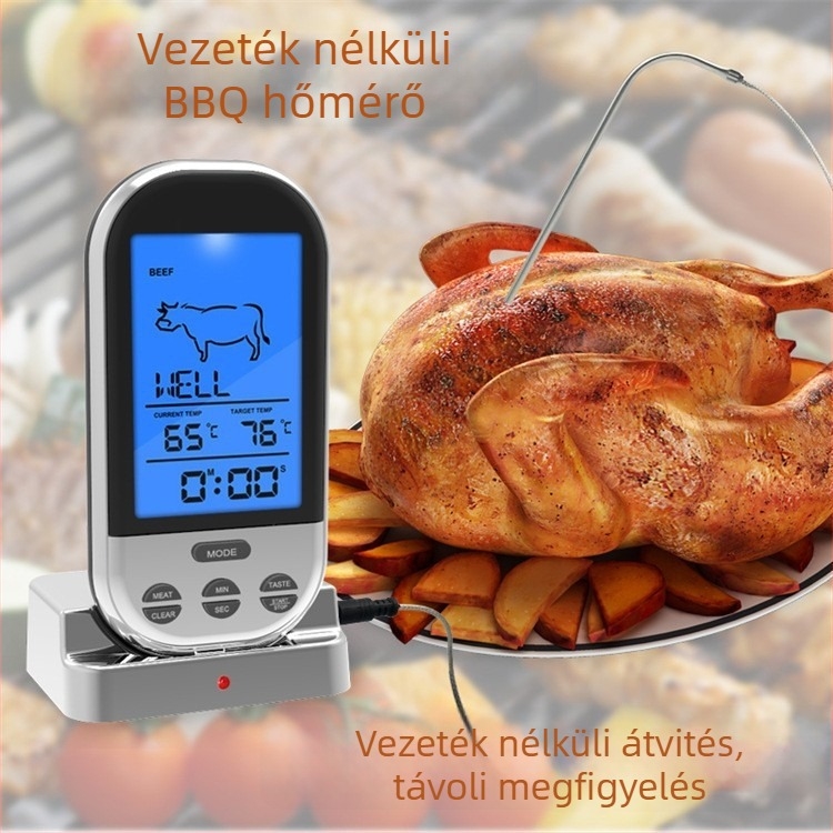 Vezeték nélküli grillszondás hőmérő digitális kijelzővel, 1°C felbontással, grillsütőhöz és konyhai főzéshez