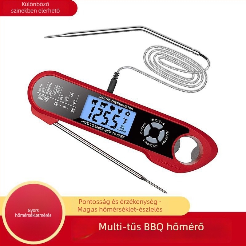 Összecsukható, vízálló élelmiszer-termométer dupla szenzorral grillsütőhöz, 0,1°C felbontású