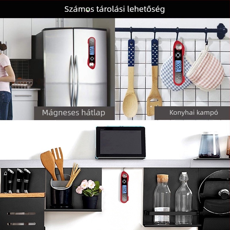 Összecsukható, vízálló élelmiszer-termométer dupla szenzorral grillsütőhöz, 0,1°C felbontású