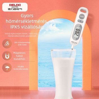 Delixi élelmiszer-hőmérő: 0,1°C felbontás, 304 rozsdamentes acél szonda, IPX5 vízállóság, csomagolás 500 darab